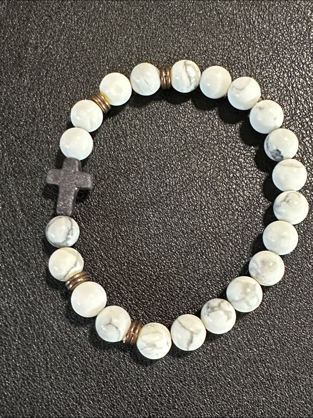 White Howlite Beaded Cross Pendant Stretch Bracelet